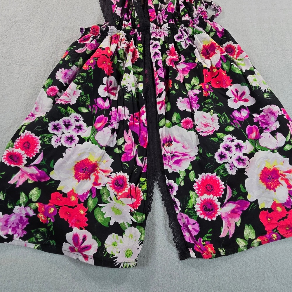 Betsey Johnson Floral Babydoll Dress Womens L Black Pink Lace Trim Open Back - Picture 6 of 7